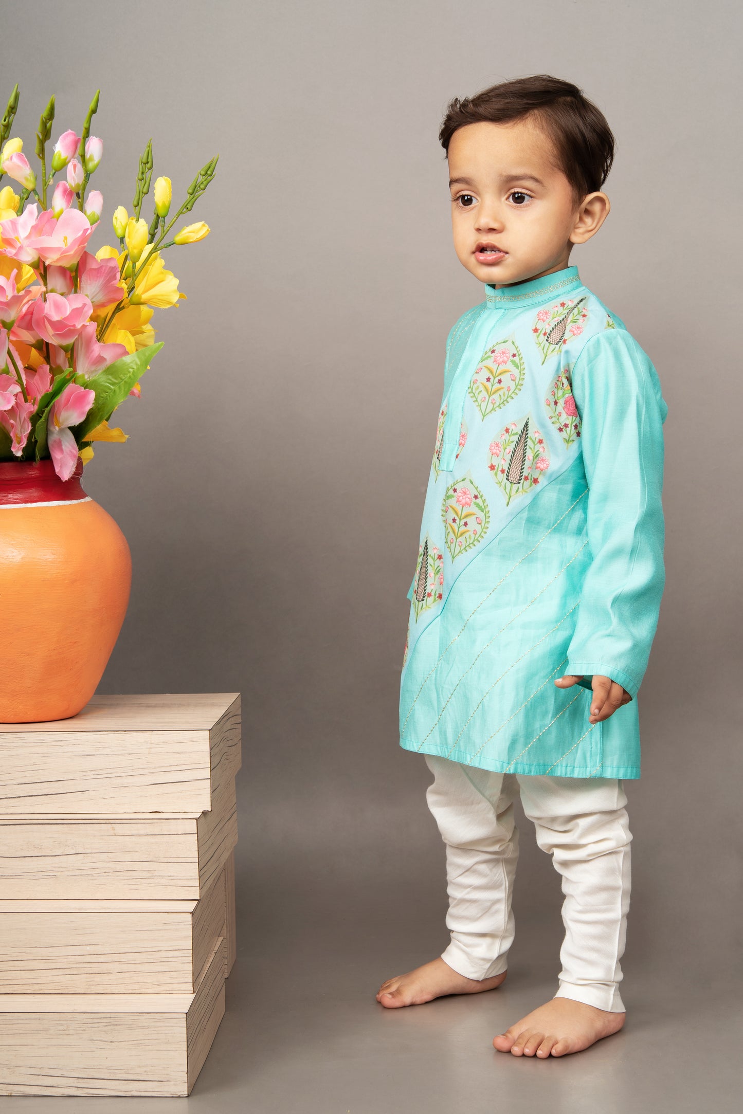 Aqua Blue Traditional Panel Printed Kurta Set