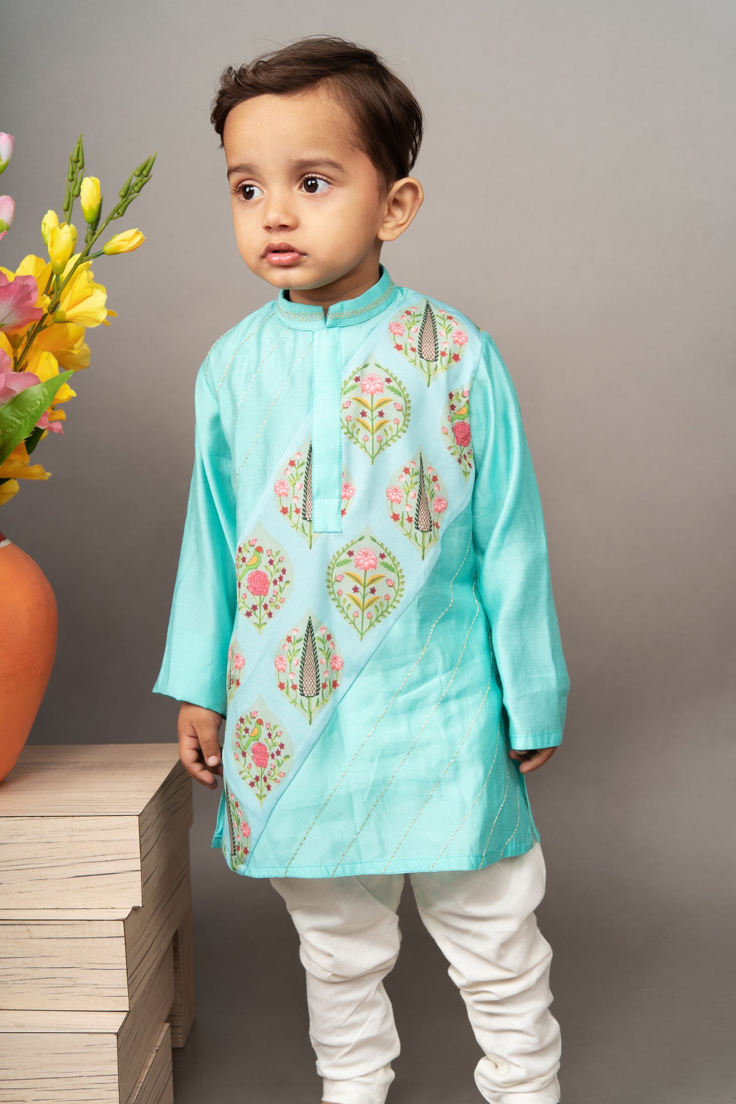Aqua Blue Traditional Panel Printed Kurta Set