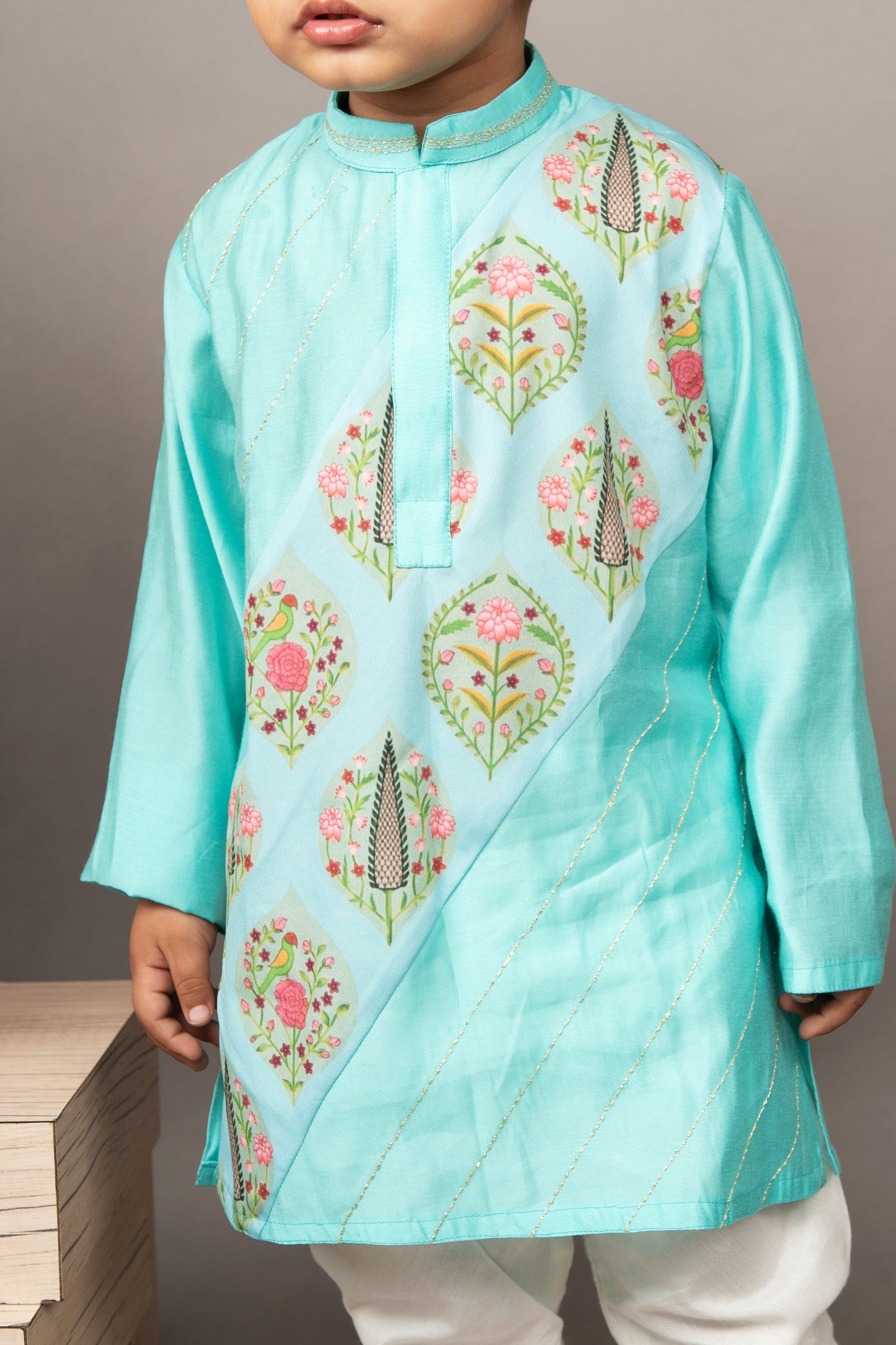Aqua Blue Traditional Panel Printed Kurta Set