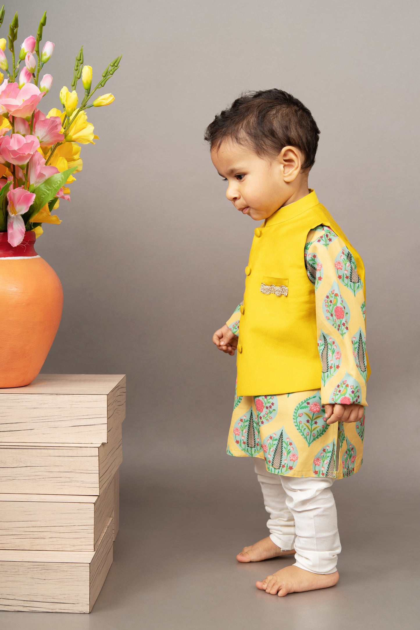 Mustard Yellow Traditional Printed Kurta With Hand Embroidered Boota Jacket With Churidar Set