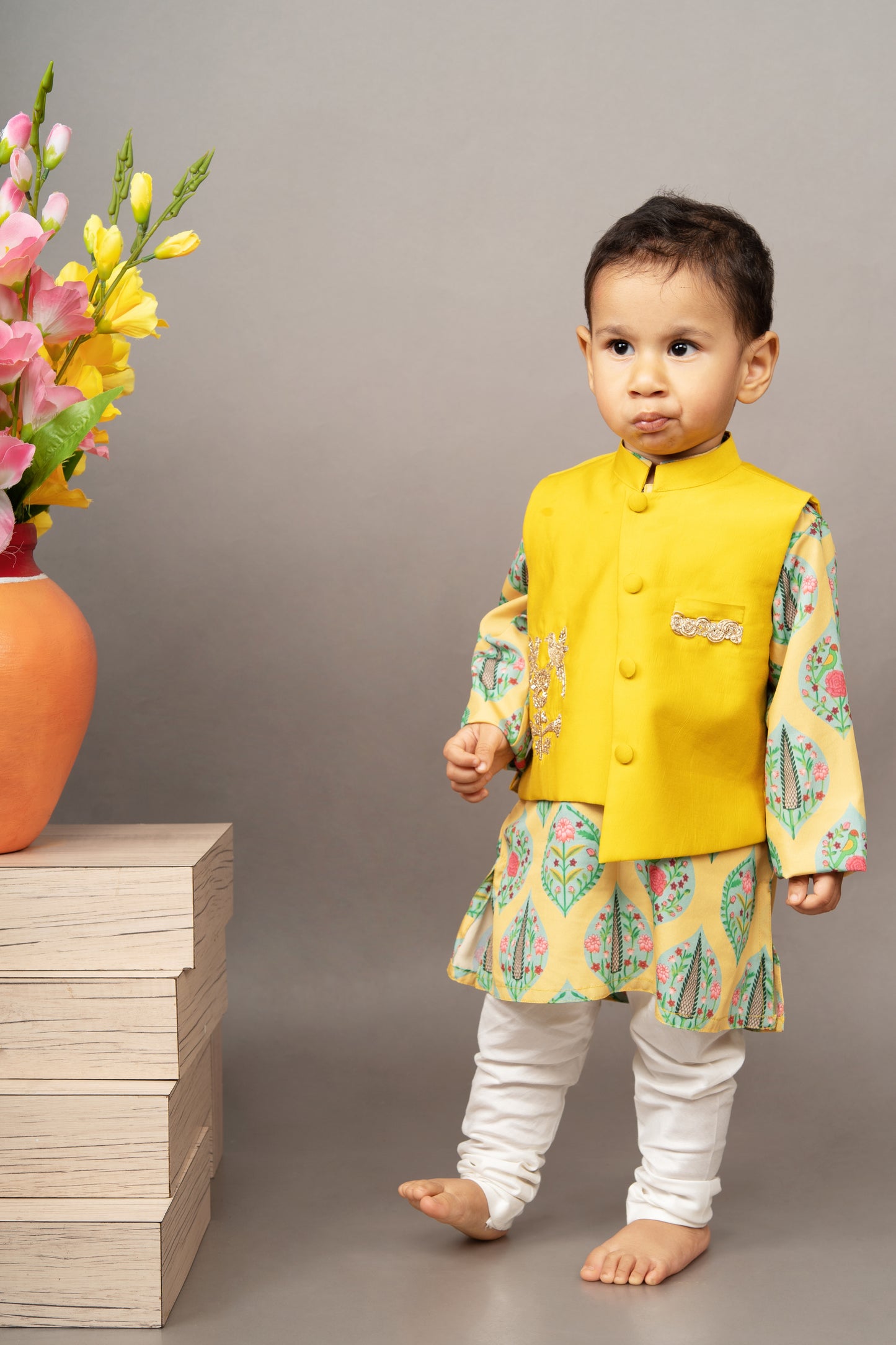 Mustard Yellow Traditional Printed Kurta With Hand Embroidered Boota Jacket With Churidar Set