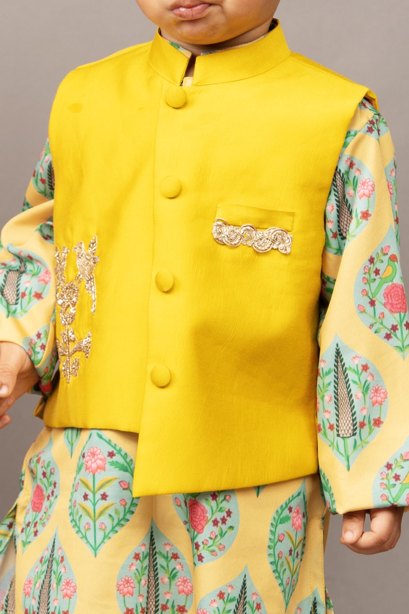Mustard Yellow Traditional Printed Kurta With Hand Embroidered Boota Jacket With Churidar Set