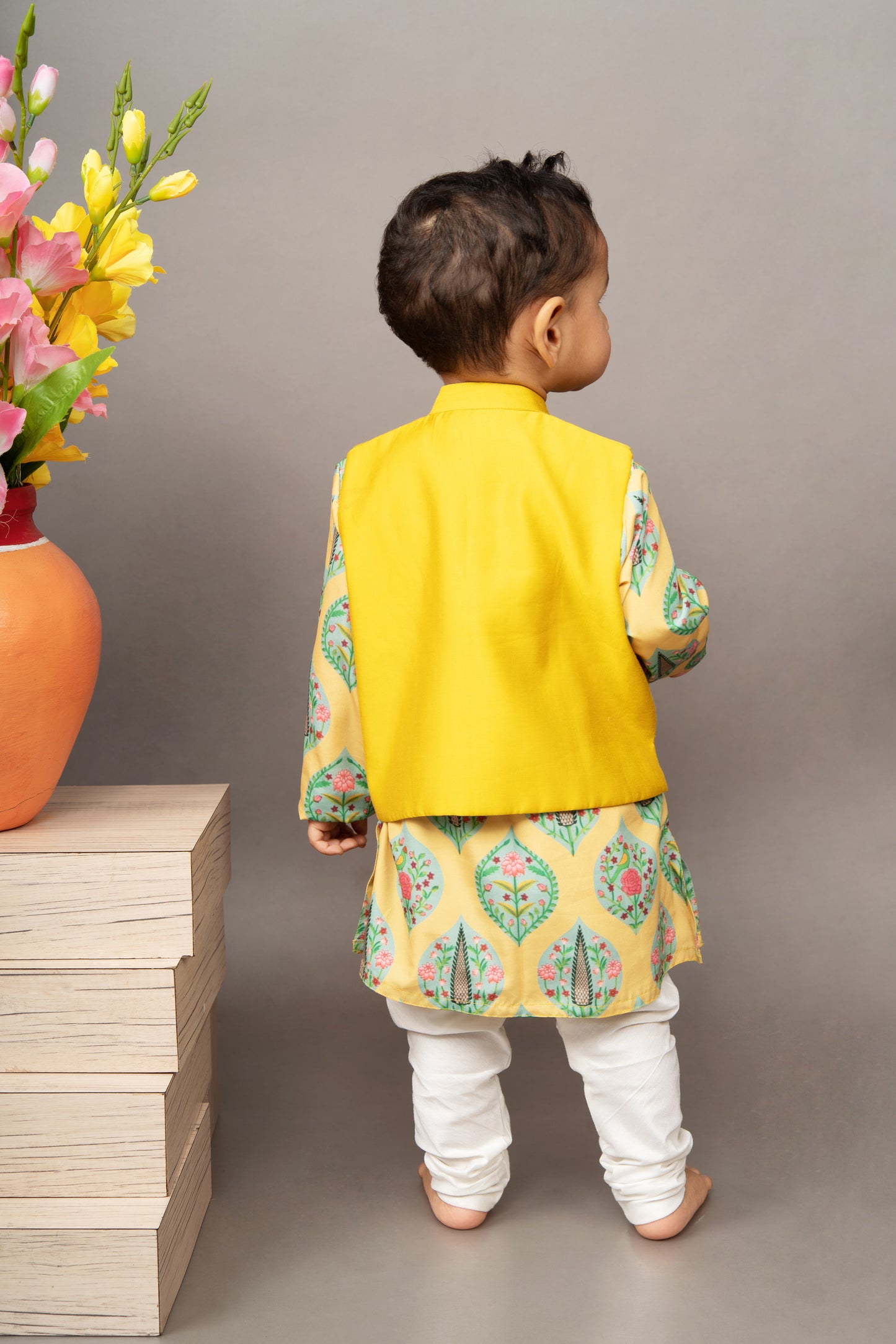 Mustard Yellow Traditional Printed Kurta With Hand Embroidered Boota Jacket With Churidar Set