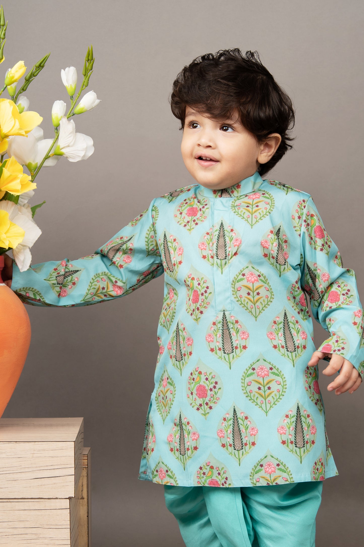 Aqua Blue Traditional Printed Kurta With Dhoti Set
