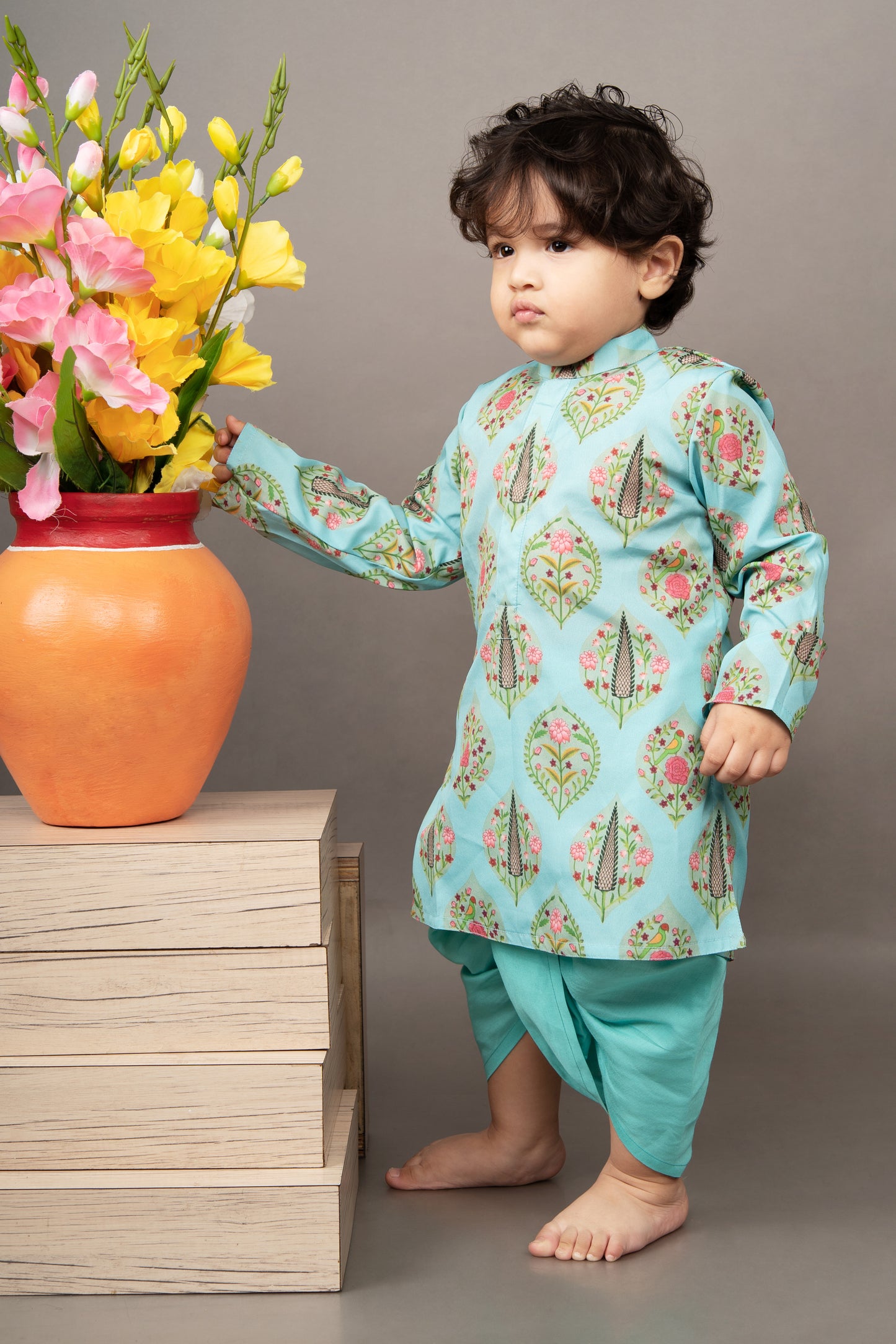 Aqua Blue Traditional Printed Kurta With Dhoti Set