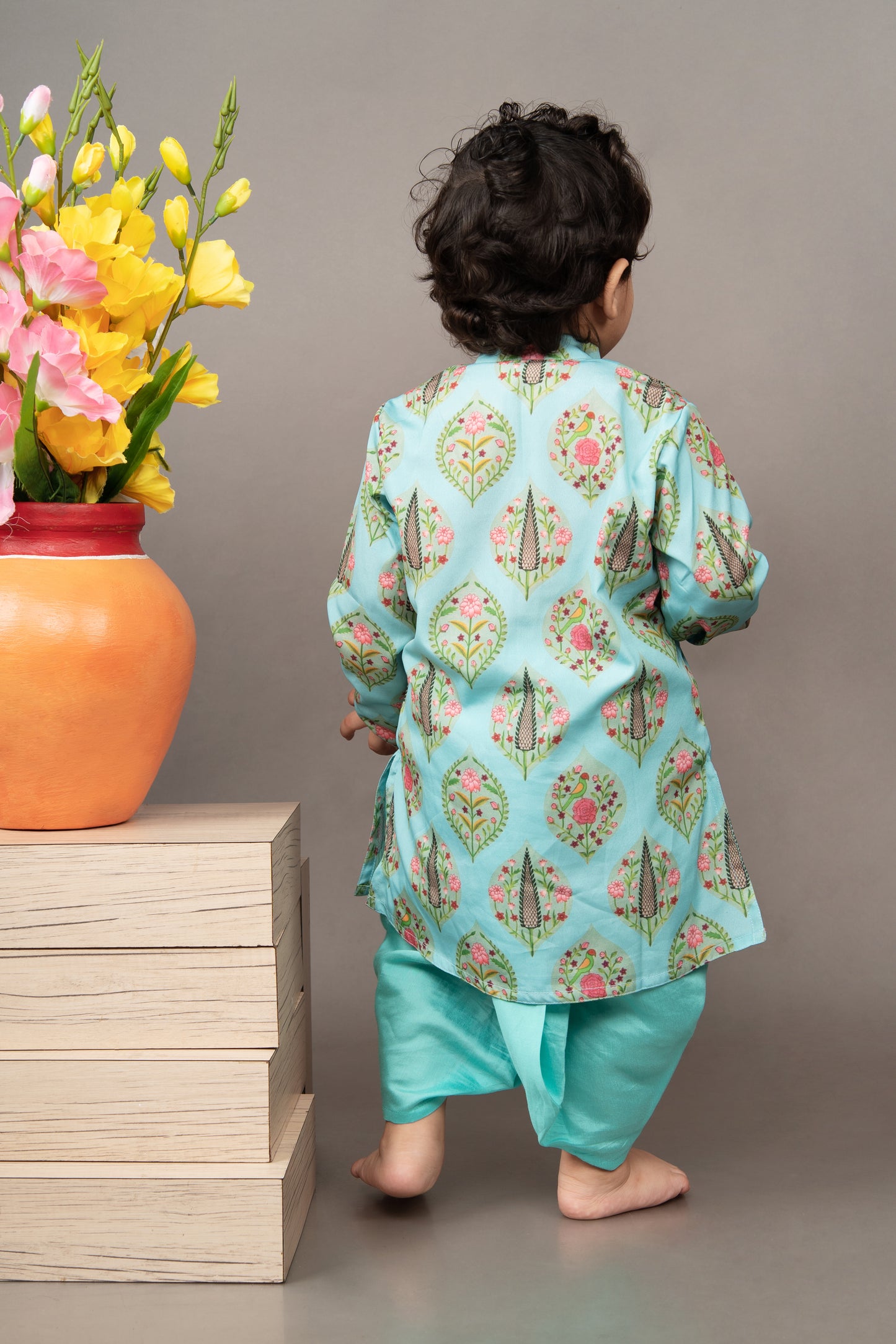 Aqua Blue Traditional Printed Kurta With Dhoti Set