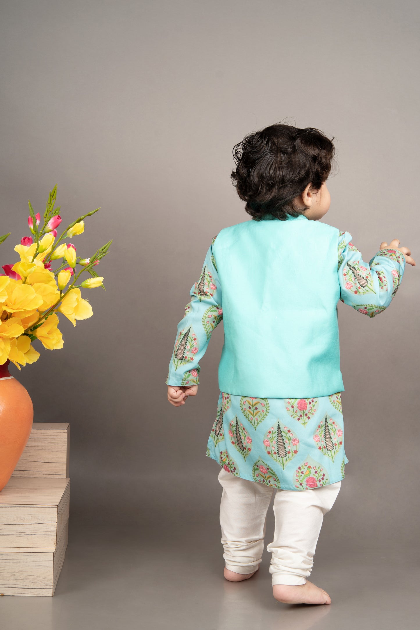 Aqua Blue Traditional Printed Kurta With Hand Embroidered Boota Jacket With Churidar Set