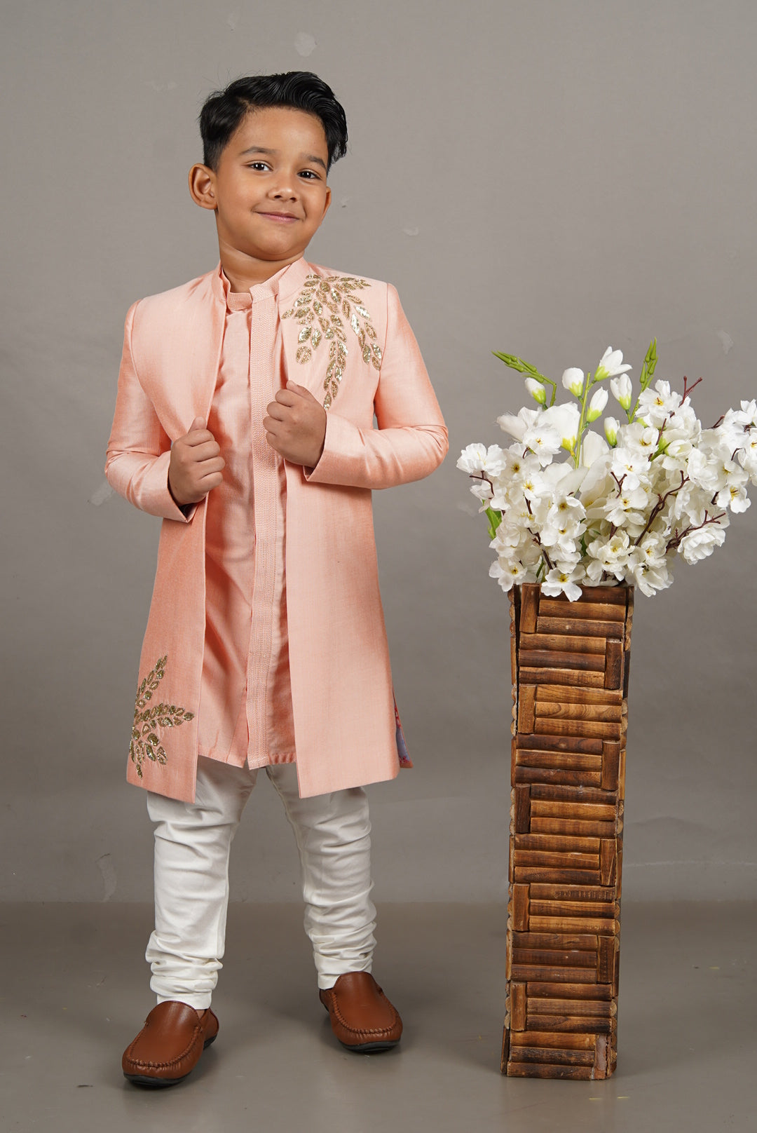 Pink Open Hand Embroidered Sherwani With Kurta Set
