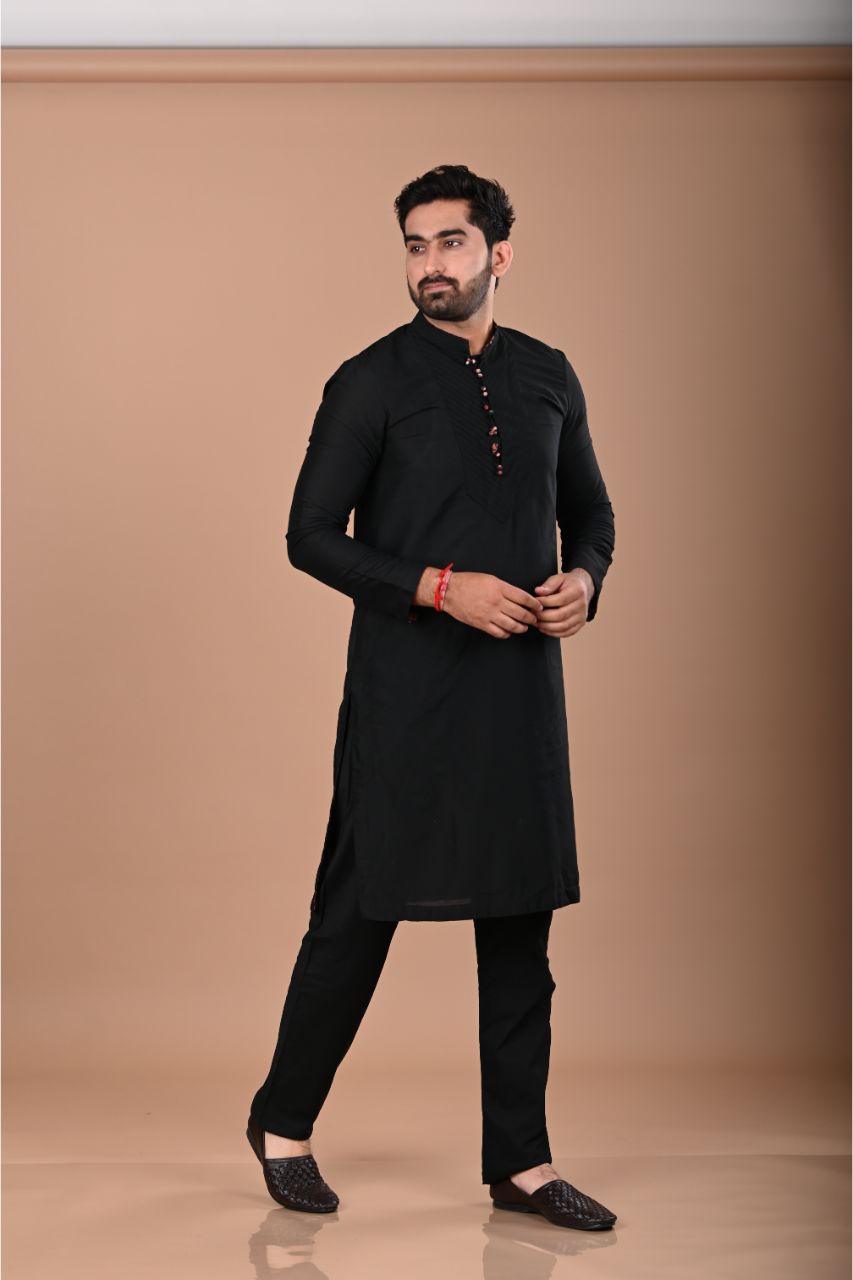 Black Pintux Kurta Pajama Set