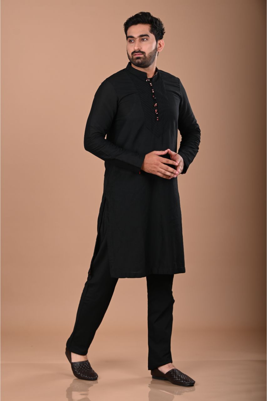 Black Pintux Kurta Pajama Set