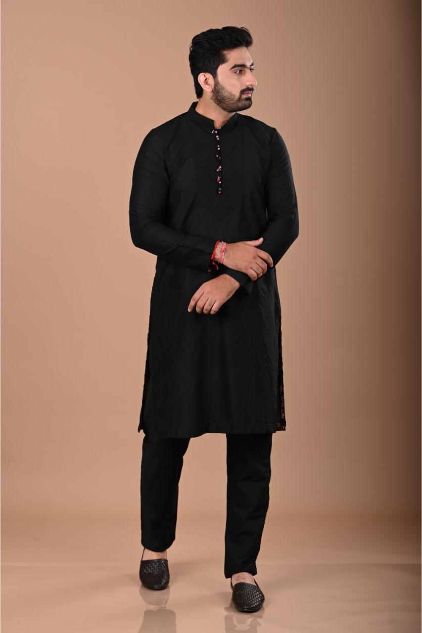 Black Pintux Kurta Pajama Set