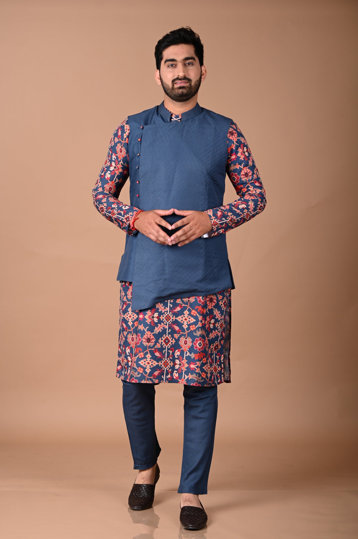 Sapphir Blue Ikkat Print Kurta With Asymmetrical Bundi Pajama Set