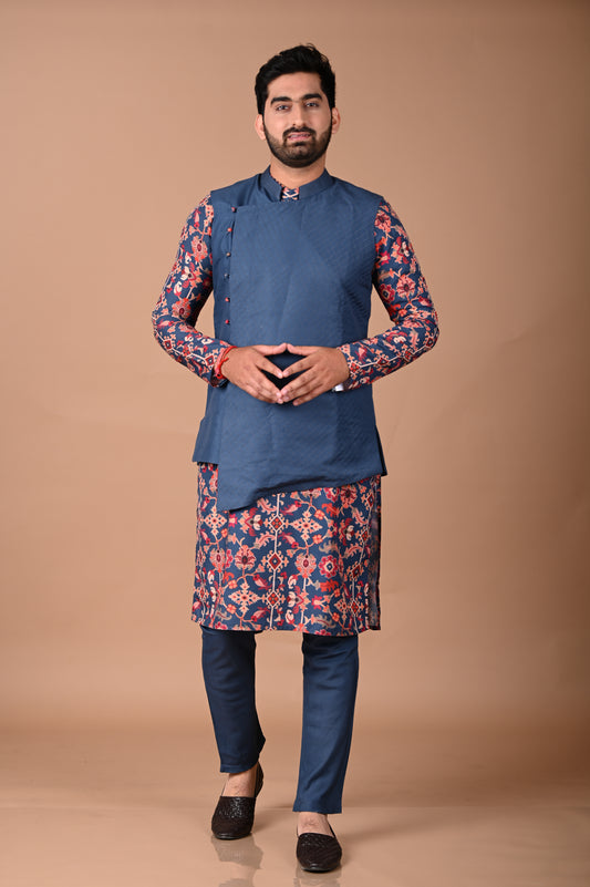 Sapphire Blue Ikkat Printed Kurta Pajama Set