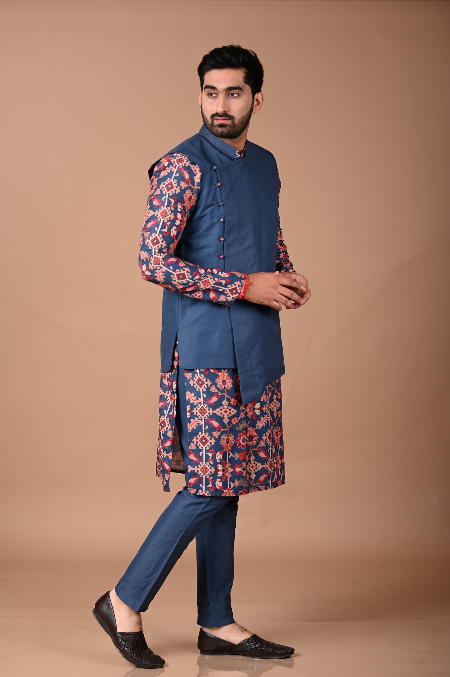 Sapphire Blue Ikkat Printed Kurta Pajama Set