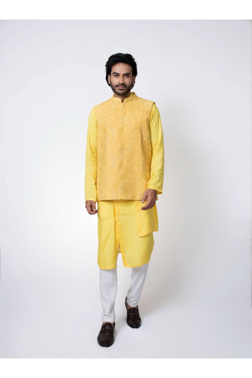 Yellow Layer Stylish Kurta With Heavy Emroidered Bundi Pajama Set
