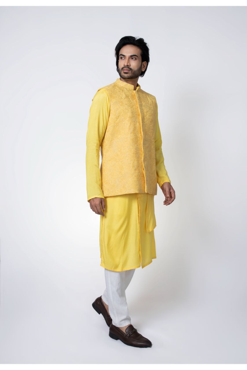 Yellow Layer Stylish Kurta With Heavy Emroidered Bundi Pajama Set