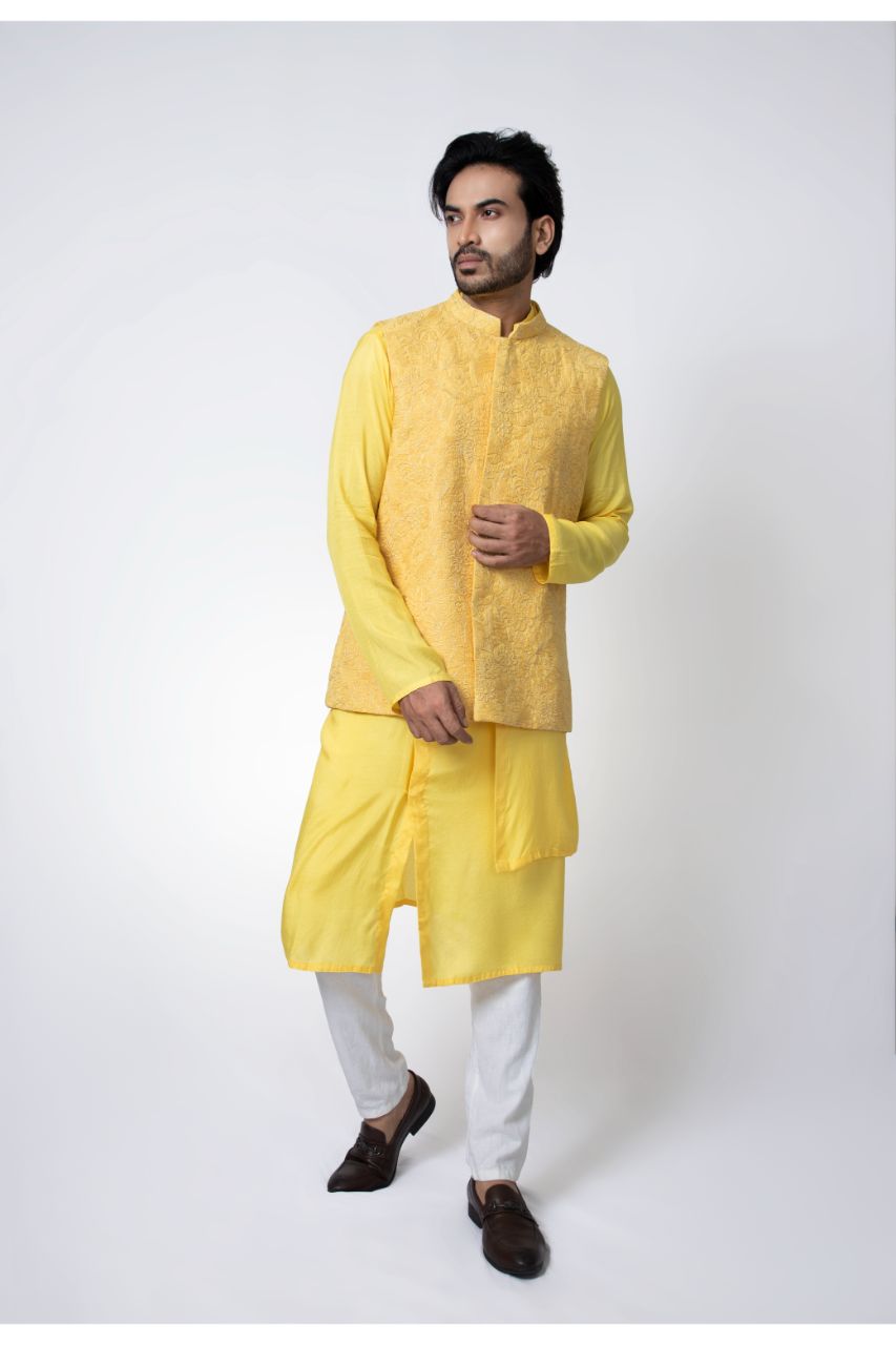 Yellow Layer Stylish Kurta With Heavy Emroidered Bundi Pajama Set