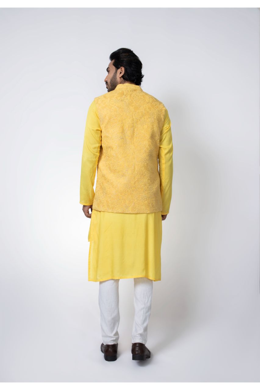 Yellow Layer Stylish Kurta With Heavy Emroidered Bundi Pajama Set