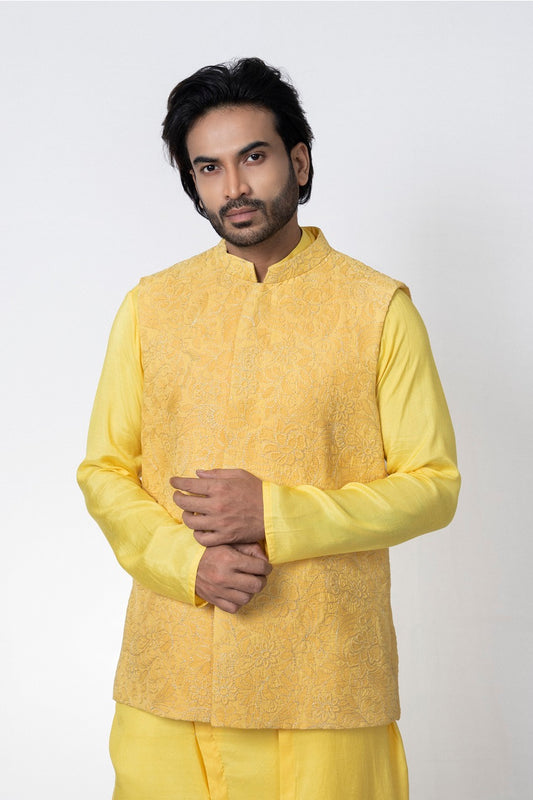 Yellow Heavy Embroidered Bundi