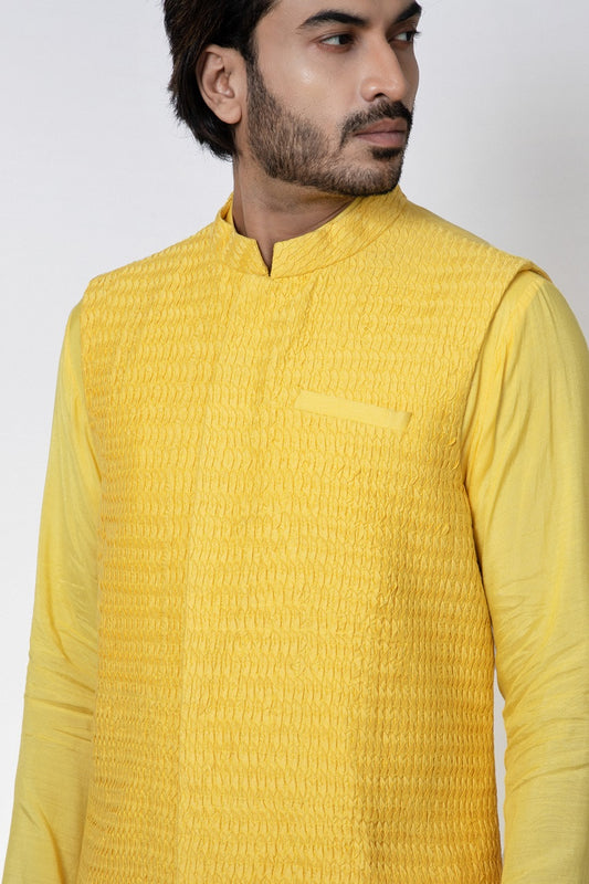 Yellow Heavy Pintux And Embroidered Bundi