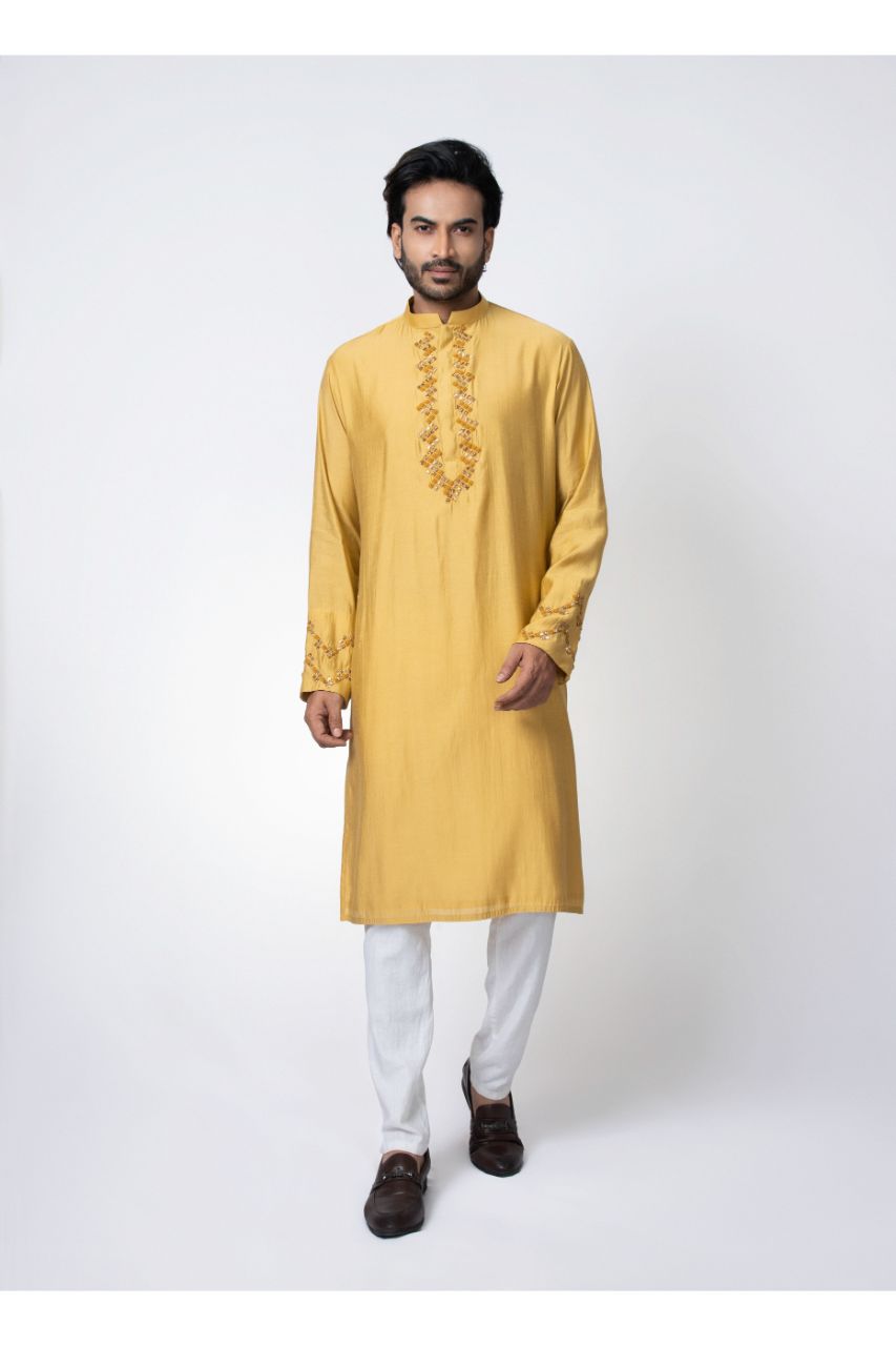 Mustard Zardosi Hand Embroidered Kurta Pajama Set