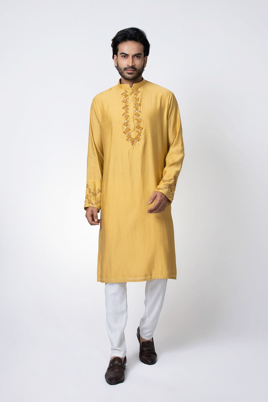 Mustard Zardosi Hand Embroidered Kurta Pajama Set