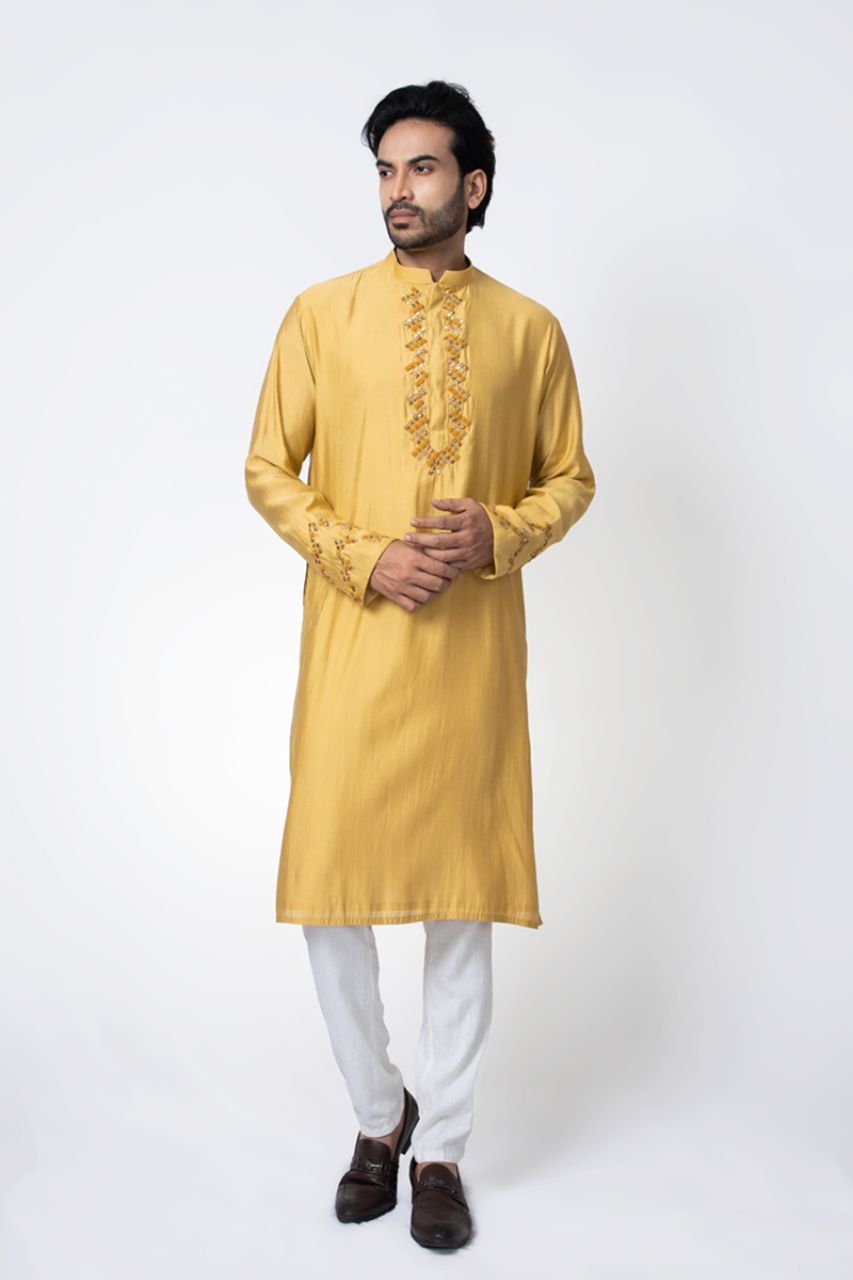 Mustard Zardosi Hand Embroidered Kurta Pajama Set
