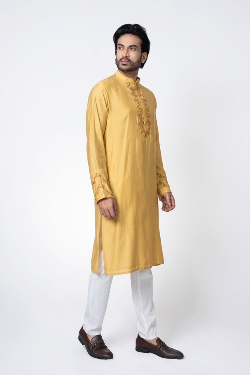 Mustard Zardosi Hand Embroidered Kurta Pajama Set