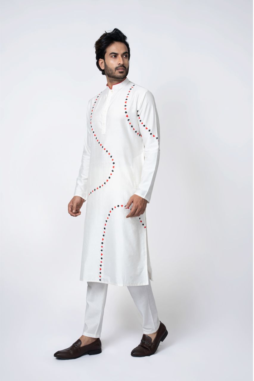 Cards Theme Embroidered White Kurta Pajama Set
