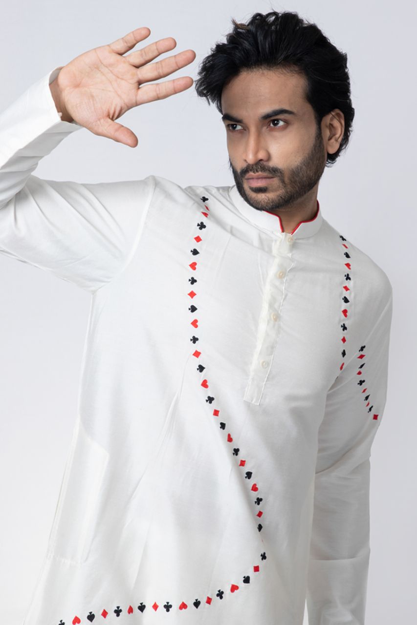 Cards Theme Embroidered White Kurta Pajama Set