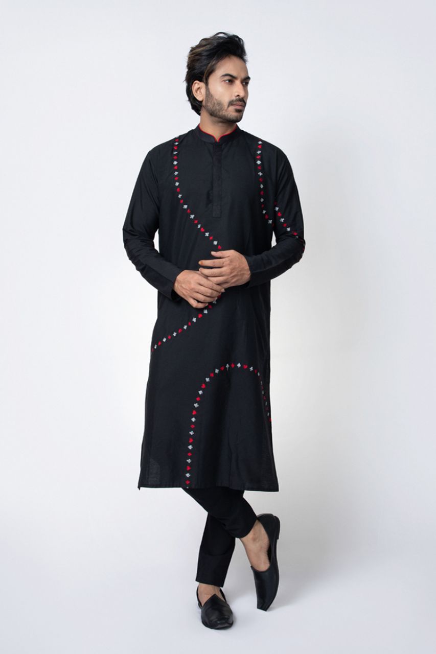 Cards Theme Embroidered Black Kurta Pajama Set
