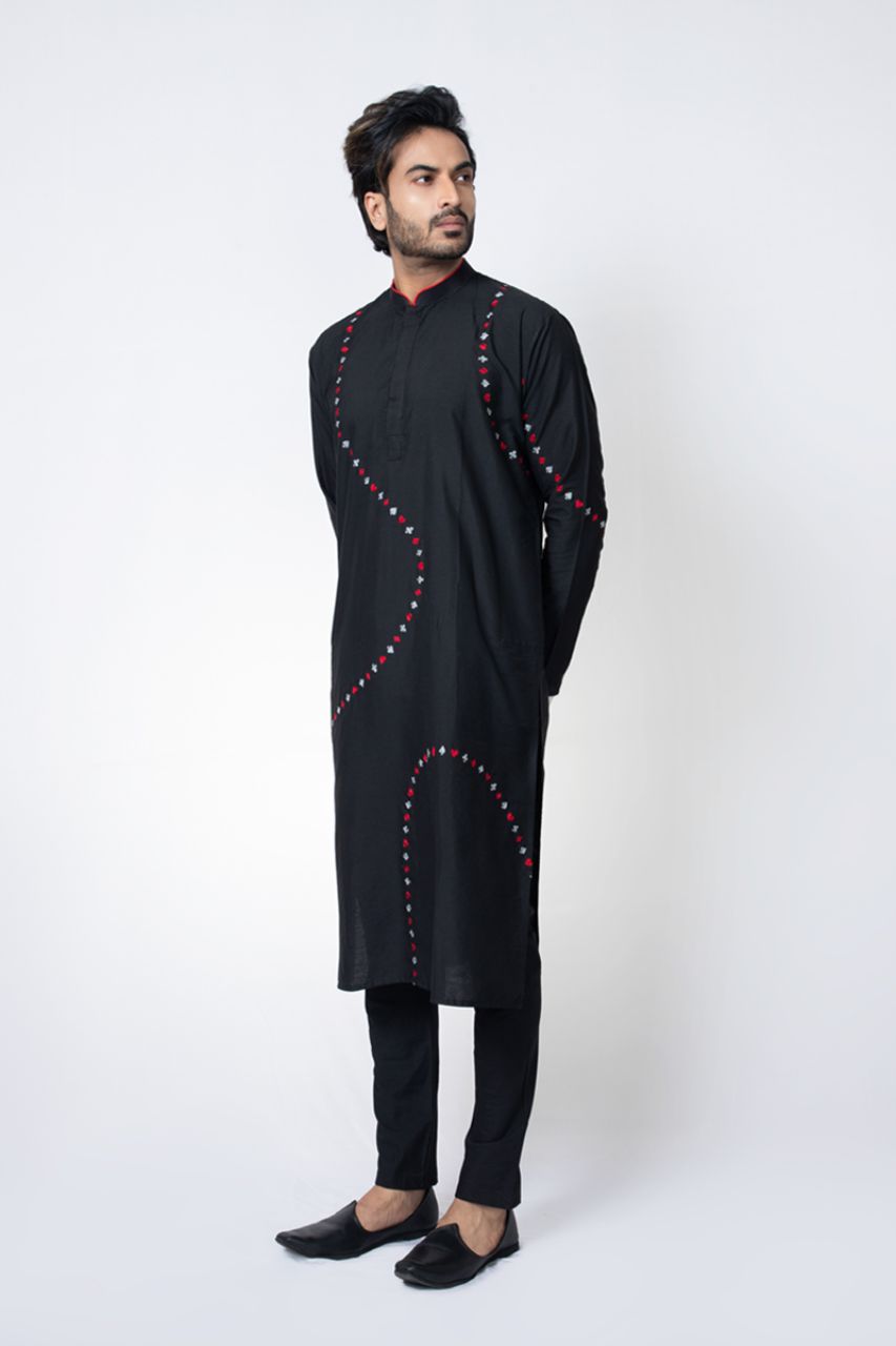 Cards Theme Embroidered Black Kurta Pajama Set