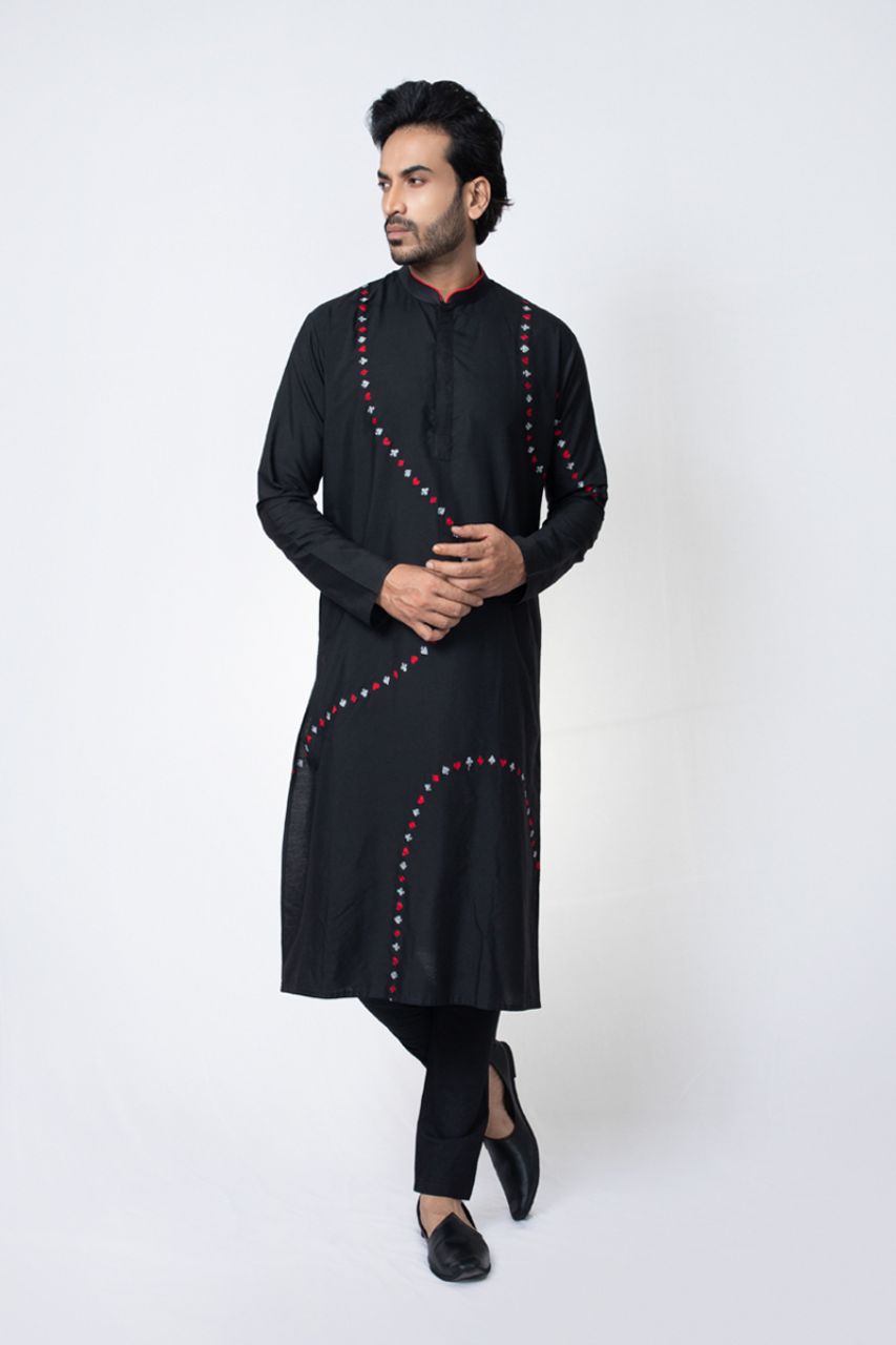 Cards Theme Embroidered Black Kurta Pajama Set