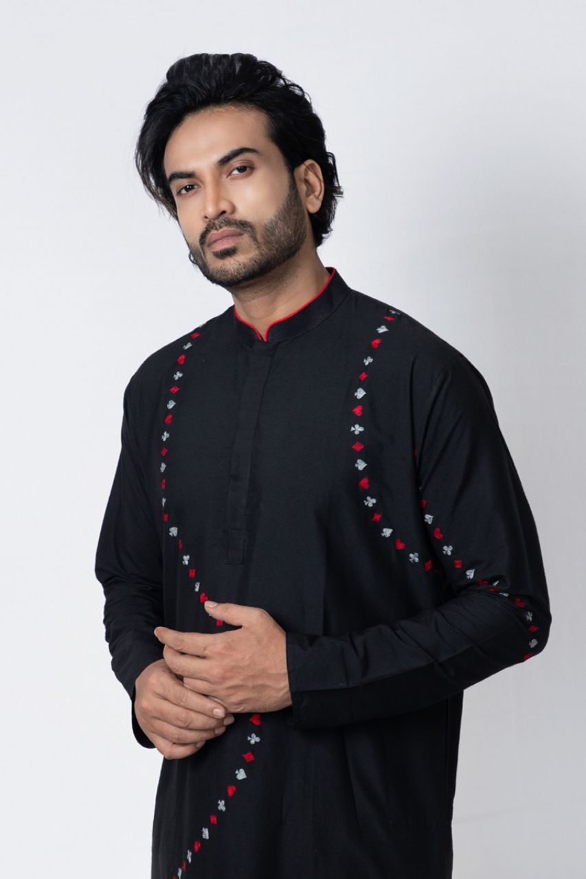 Cards Theme Embroidered Black Kurta Pajama Set