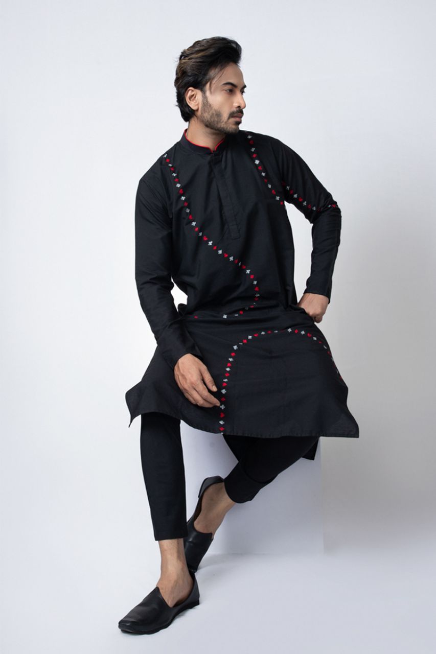 Cards Theme Embroidered Black Kurta Pajama Set