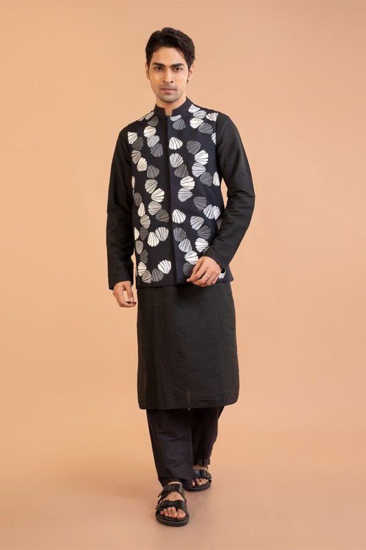 Black Kurta With Heavy Thread Embroidered Bundi Pajama Set