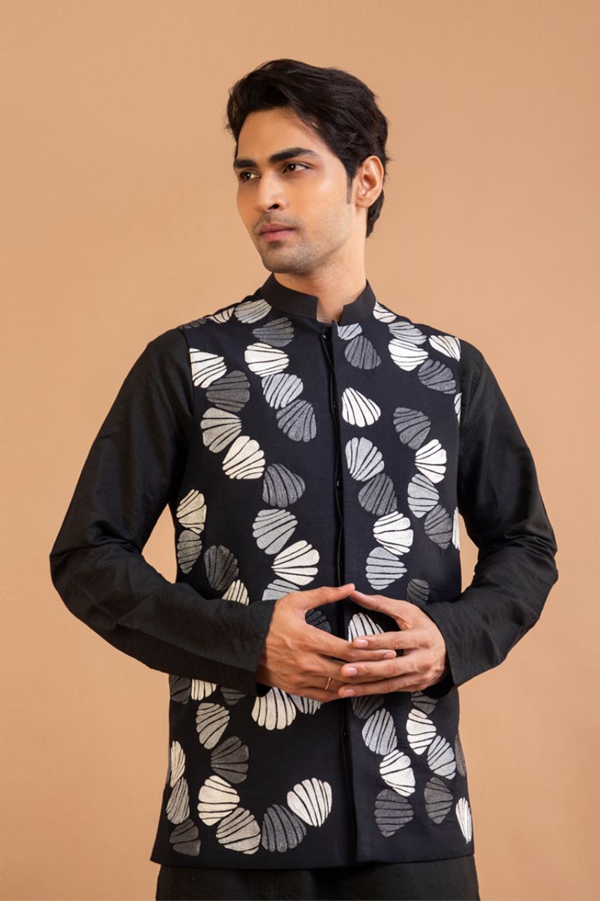 Black Kurta With Heavy Thread Embroidered Bundi Pajama Set
