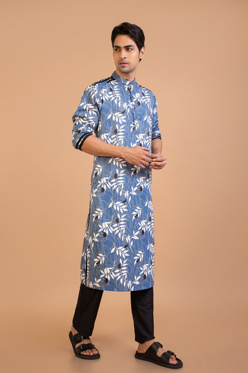 Blue Monkey Print Stylish Panel Kurta Set
