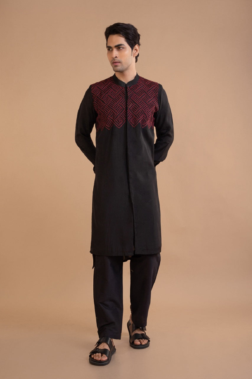 Black Heavy Thread Hand Embroidery Kurta Set