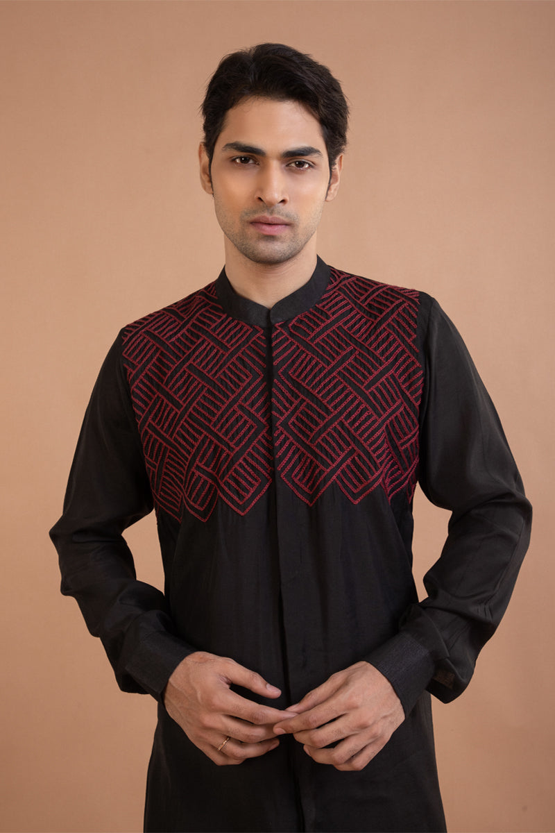 Black Heavy Thread Hand Embroidery Kurta Set