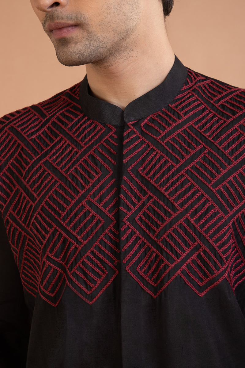 Black Heavy Thread Hand Embroidery Kurta Set