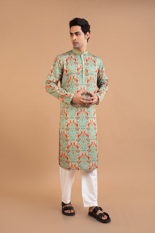Pista Green Peacock Print Kurta With Pintux Collar Pajama Set