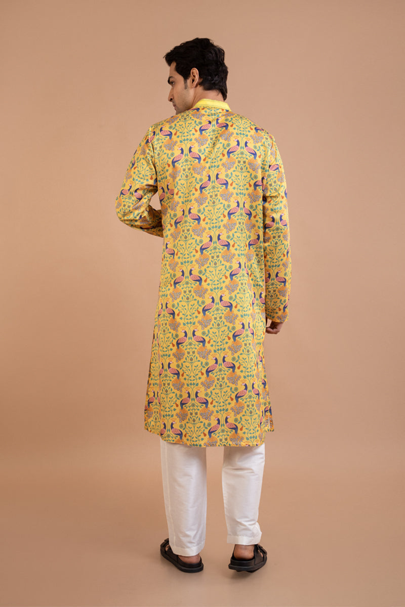Yellow Peacock Print Kurta With Pintux Collar Pajama Set