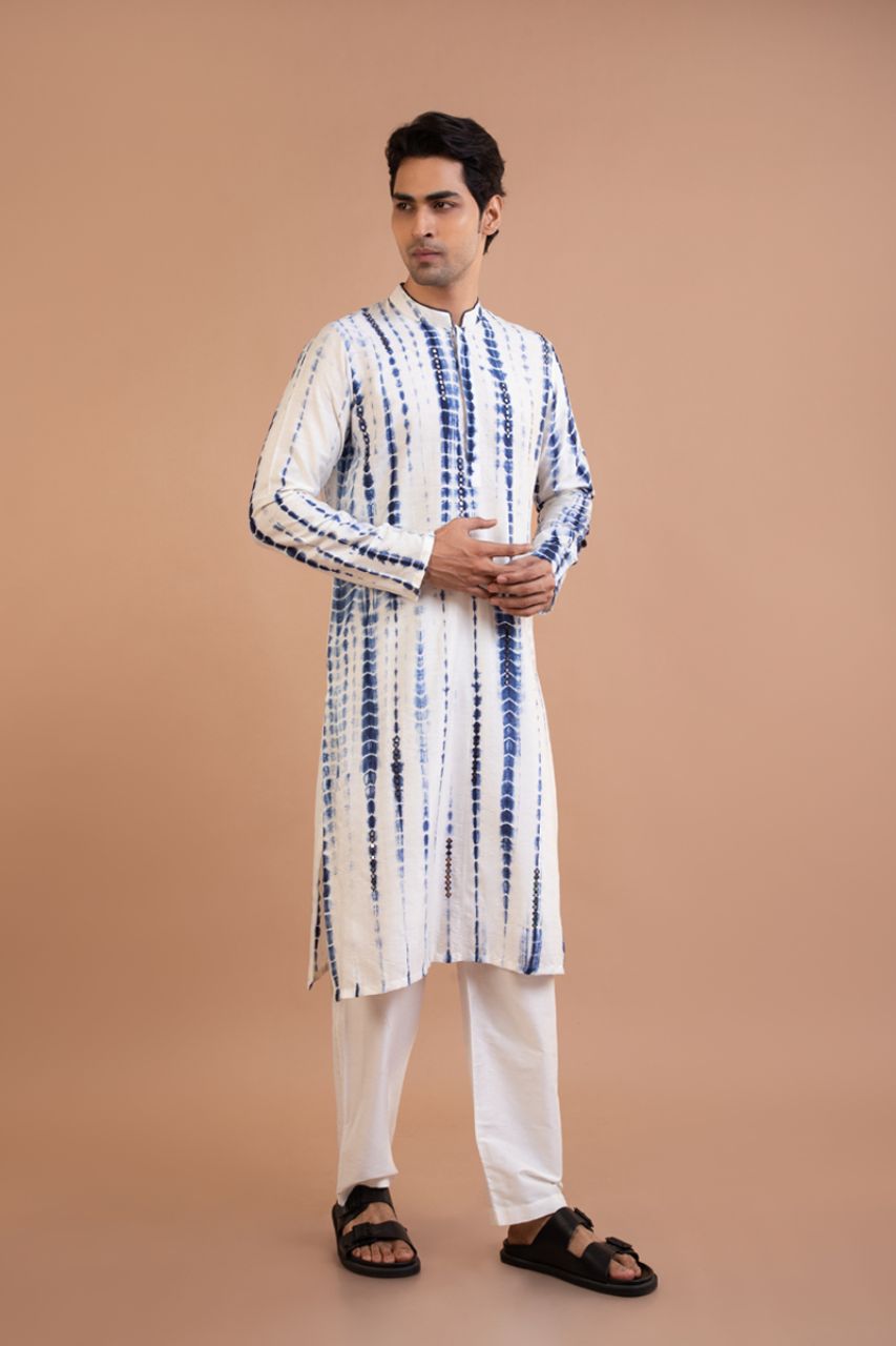 Navy Blue Tie And Dye Mirror Work Kurta Set