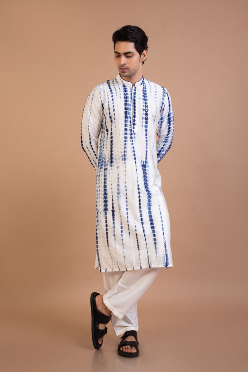 Navy Blue Tie And Dye Mirror Work Kurta Set