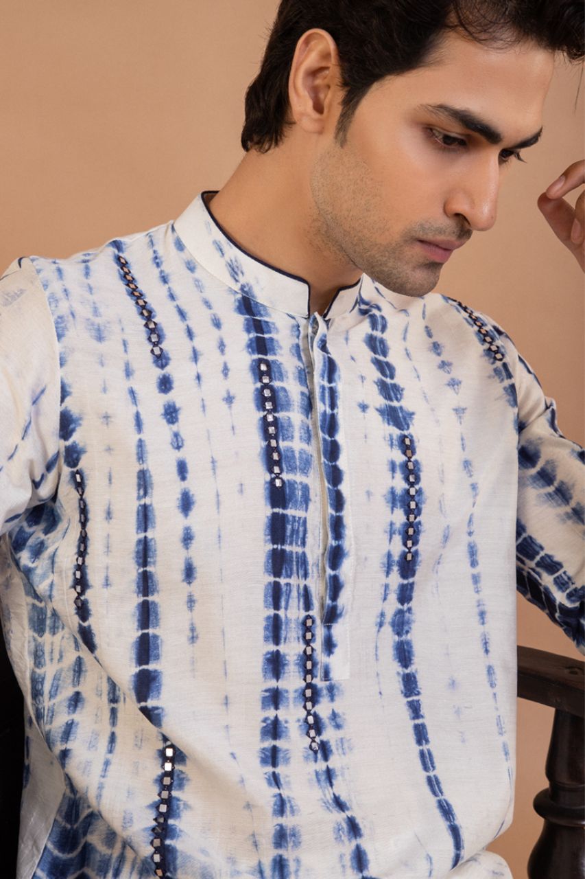 Navy Blue Tie And Dye Mirror Work Kurta Set