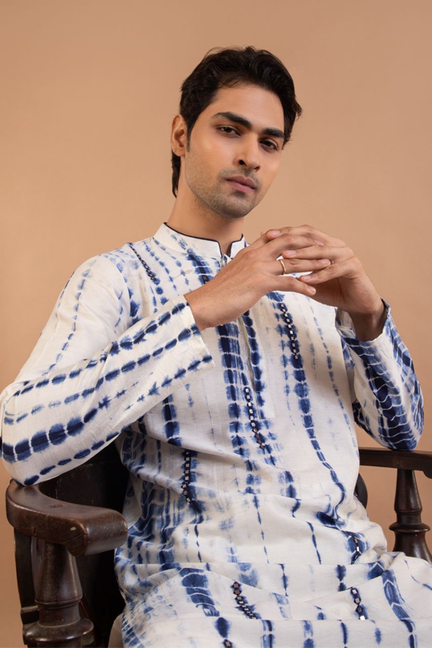 Navy Blue Tie And Dye Mirror Work Kurta Set