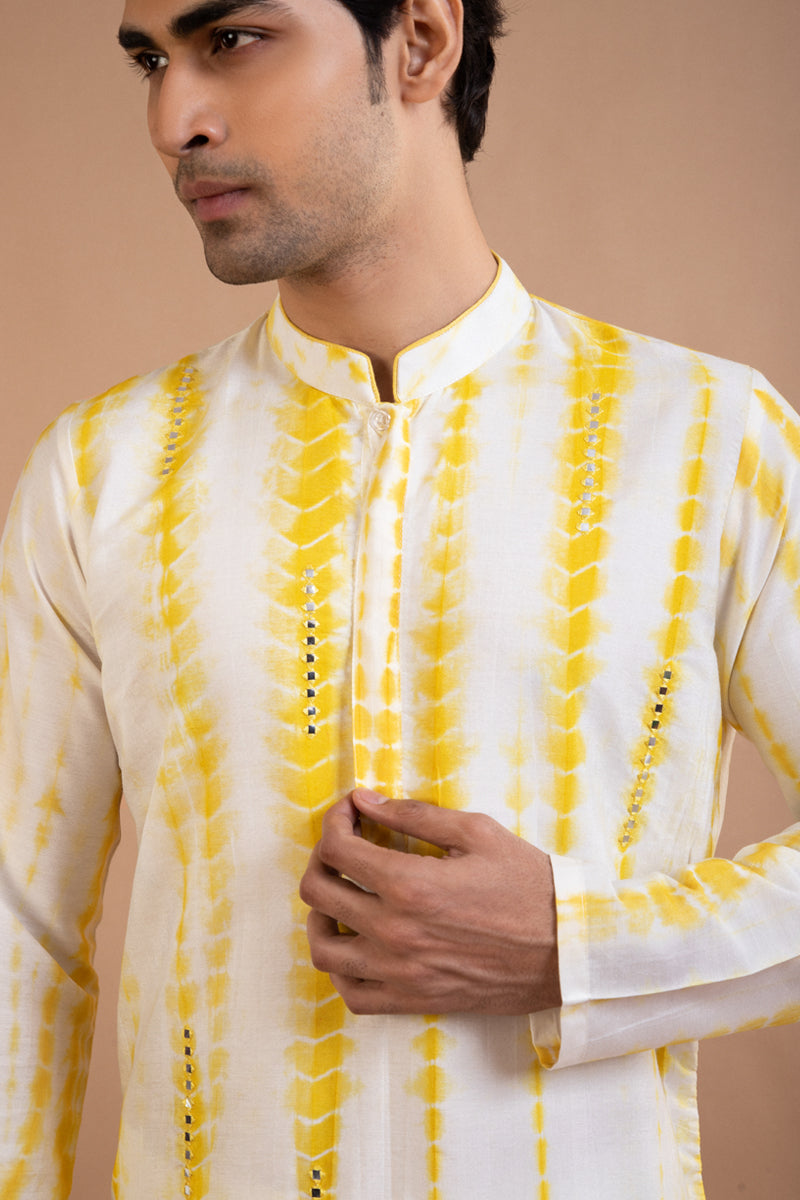 Yellow Tie And Dye Mirror Work Kurta Set