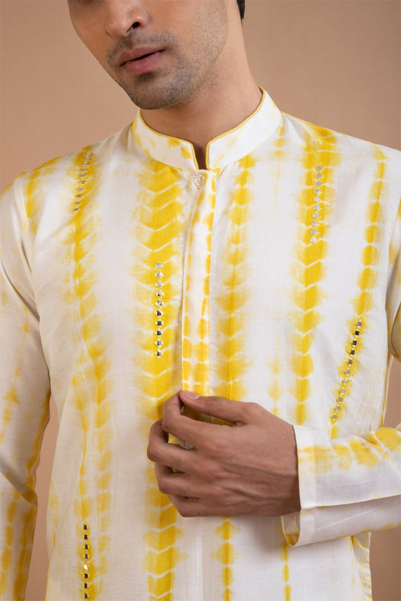 Yellow Tie And Dye Mirror Work Kurta Set