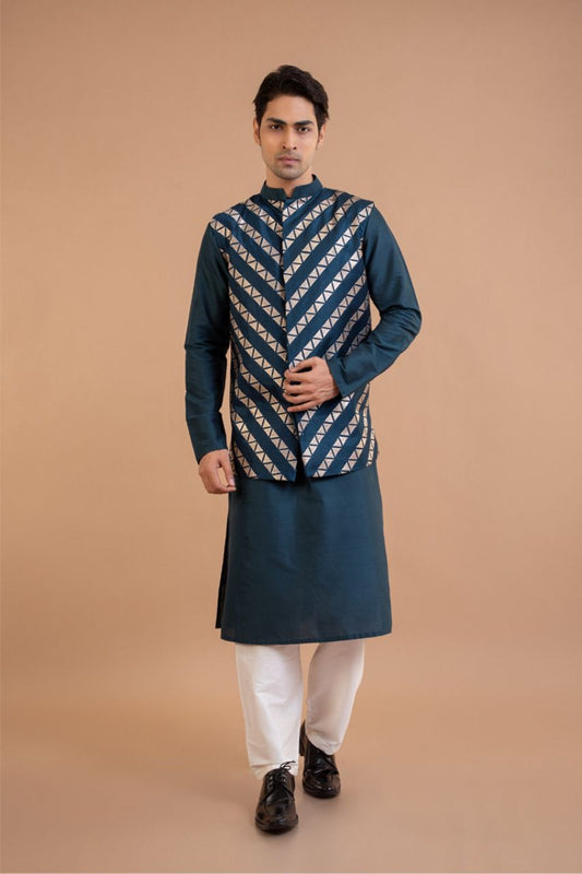 Dark Blue Kurta With Heavy Zari Embroidered Bundi Pajama Set